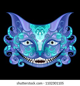 Vector Cheshire Cat Grin. Isolated Fictional Animal On Black Background