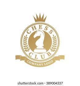 Vector chess clubs version of logo. Design for decoration tournaments, sports cups, business cards. Gold, white.