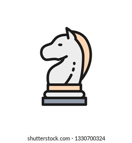 Vector chess horse, knight piece, strategy flat color line icon.