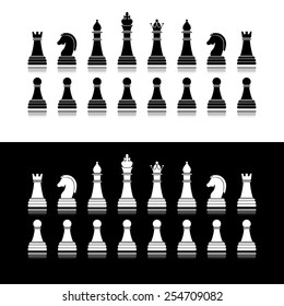 Vector chess icons silhouettes on white and black background
