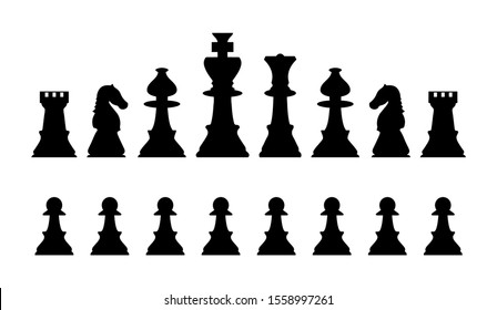 Vector chess isolated on white background. Chess icons. Silhouettes of chess pieces. Playing chess on the Board. King, Queen, rook, knight, Bishop, pawn