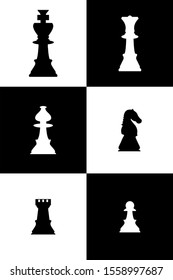 Vector chess isolated on white background. Chess icons. Silhouettes of chess pieces. Playing chess on the Board. King, Queen, rook, knight, Bishop, pawn