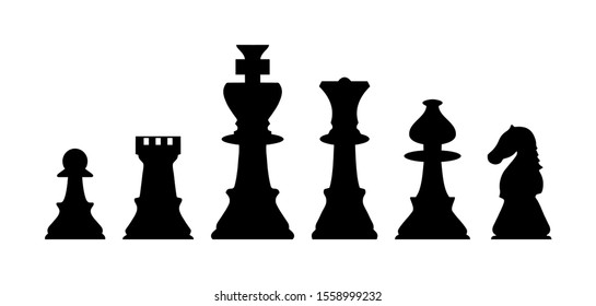 Vector chess isolated on white background. Chess icons. Silhouettes of chess pieces. Playing chess on the Board. King, Queen, rook, knight, Bishop, pawn