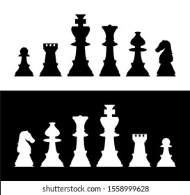 Vector chess isolated on white background. Chess icons. Silhouettes of chess pieces. Playing chess on the Board. King, Queen, rook, knight, Bishop, pawn