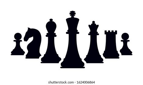 Vector chess isolated on white background. Silhouettes of chess pieces. Chess icons. Black and white. Chessboard. Playing chess on the Board. King, Queen, rook, knight, Bishop, pawn