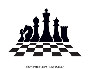 Vector chess isolated on white background. Silhouettes of chess pieces. Chess icons. King, Queen, rook, knight, Bishop, pawn. Black and white. Chessboard. Playing chess on the Board