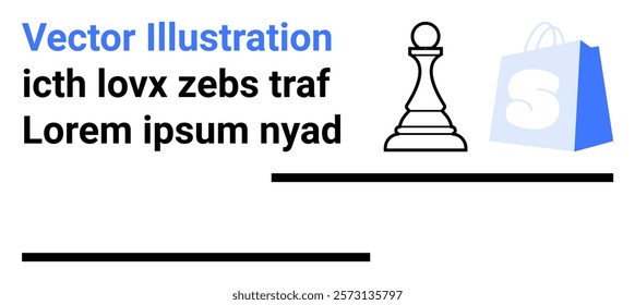 Vector of a chess pawn, a shopping bag icon, and placeholder text. Ideal for business strategy, ecommerce, shopping, marketing, and planning. Landing page