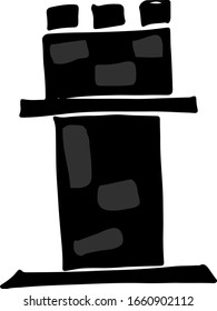 Vector chess piece isolated. Black rook doodle cartoon design. Hand drawn sketch, draft, ink dark pictogram. For chess school organisation logo, prints, t-shirt, fabric, tea cup design No background