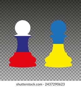 Vector chess pieces - Russia and Ukraine. Two pawns decorated with Russian and Ukrainian flags.