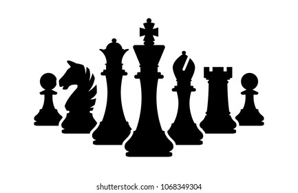 Vector chess pieces team isolated on white. Silhouettes of chess pieces