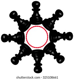 Vector chess postcard in the form of a 3D black chess pawns surrounding the red circular frame for text, forming a circle. All isolated.