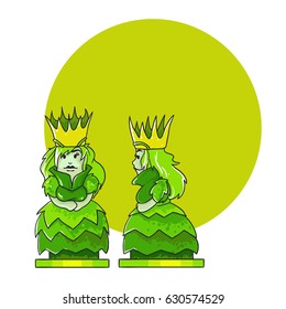 Vector chess Queen character. Isolated on white background with place for text.Cartoon style. Dark chess.