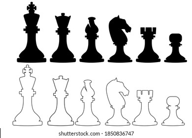 Vector chess set isolated on white background. Black silhouettes of chess and linear style.