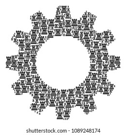 Vector chess tower icons are composed into gear wheel composition. Technical design concept constructed with chess tower items.