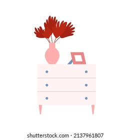 Vector chest of drawers illustration. Flat style commode with drawers and vase