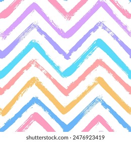 Vector chevron seamless pattern. Colorful brush stroke background. Zigzag print in pink, purple, blue, orange, yellow and white colors. Unusual painted ornament for kids. Rainbow motif 