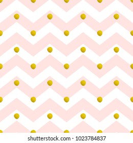 Vector chevron seamless pattern. Pink lines and golden circles on a white background
