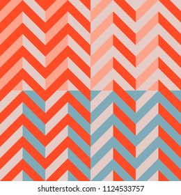 Vector chevron - set of 4 chevrons of orange, red and gray color. Zig-zag seamless patterns of a modern palette of bright and pastel tones.
