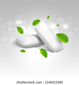 Vector chewing gum and green mint for fresh breath. Dental health background.