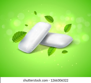 Vector Chewing Gum And Green Mint For Fresh Breath. Dental Health Background.