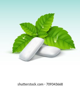 Vector Chewing Gum And Green Mint For Fresh Breath. Dental Health Background.