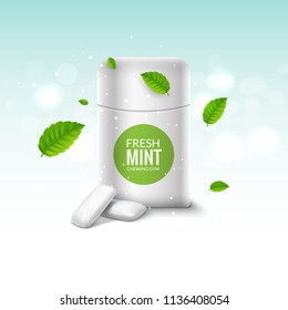 Vector chewing gum package box and green mint for fresh breath. Dental health chewing gum background.