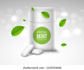 Vector chewing gum package box and green mint for fresh breath. Dental health chewing gum background.