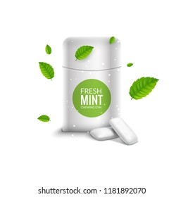 Vector chewing gum package box and green mint for fresh breath. Dental health chewing gum background.
