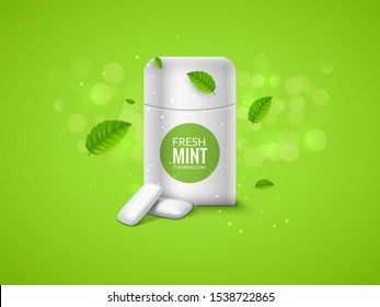 Vector chewing gum package box and green mint for fresh breath. Dental health chewing gum background.