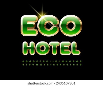 In: Vector chic Advertisement Eco Hotel. Moderne Grün- und Goldschrift. Trendy Alphabet Buchstaben und Zahlen gesetzt.