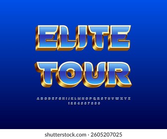 Vector Chic Advertisement Elite TourL Luxury Fashion 3D Font. Exclusive Blue and Gold Alphabet Letters and Numbers.