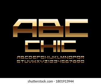 Vector Chic Alphabet. Gold premium Font. Techno style luxury Letters and Numbers set