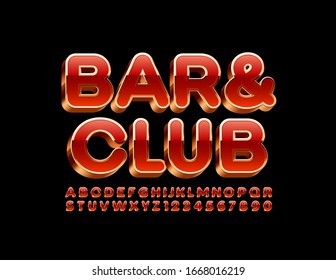 Vector chic banner Bar & Club. Red and Gold 3D Font. Shiny luxury Alphabet Letters and Numbers