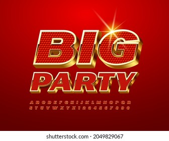 Vector chic Banner Big Party. Luxury 3D Font. Red and Gold Alphabet Letters and Numbers set