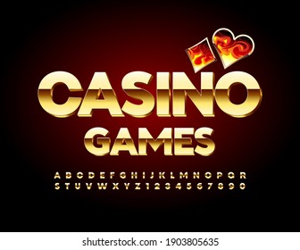 Vector chic banner Casino Games. Premium shiny Font. Gold Alphabet Letters and Numbers set