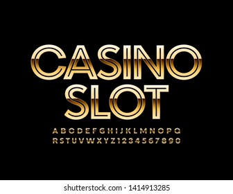 Vector chic banner Casino Slot with Golden Uppercase Font. Creative elite Alphabet Letters and Numbers