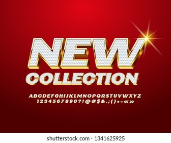 Banner Vector chic New Collection. Letras, números y símbolos elegantes de los alfabetos blanco y dorado. Fuente 3D de lujo.