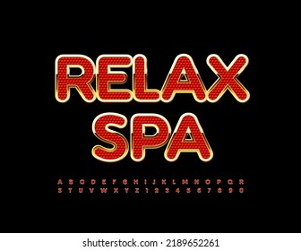 Vector chic banner Relax Spa with Red and Gold Font. Luxury set of Alphabet Letters and Numbers