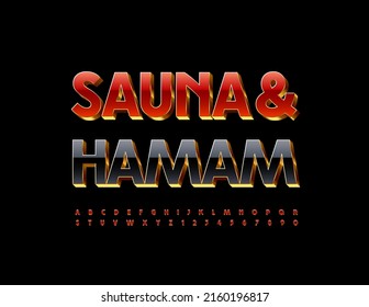 Vector chic banner Sauna and Hamam. Red and Golden 3D Font. Premium set of Alphabet Letters and Numbers