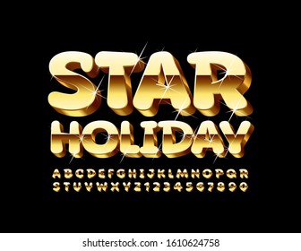 Vector chic Bannero Star Holiday. Golden 3D Font. Funny Alphabet Letters and Numbers. 