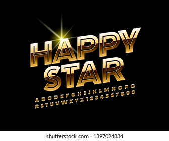 Vector chic card Happy Star with modern Uppercase Alphabet. Golden luxury Font. Elegant shiny Letters and Numbers