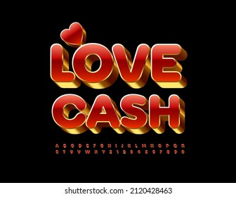 Vector chic card Love Cash with decorative Heart. Chic Red and Gold Font. Elite 3D Alphabet Letters and Numbers set