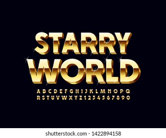 Vector chic card Starry World with Golden 3D Font. Uppercase Alphabet Letters and Numbers