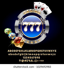 Vector chic Casino banner with Chips and Cards. Set of royal Golden Alphabet Letters, Numbers and Symbols