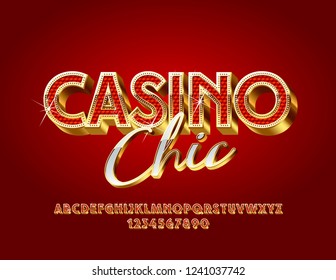 Vector Chic Casino emblem with Rich Font. Elegant Gold and Red Alphabet.