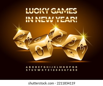 Vector chic Casino Greeting Card Lucky Games in New Year 2023! Golden Font. Modern Alphabet Letters and Numbers