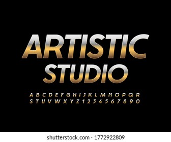 Vector chic emblem Artistic Studio with Gold Elegant Font. Luxury Alphabet Letters and Numbers
