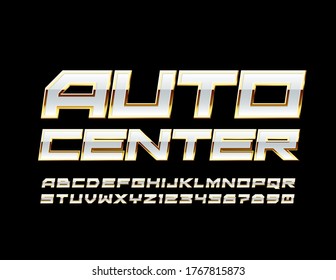 Vector chic emblem Auto Center. White and Gold shiny Font. Elite Alphabet Letters and Numbers