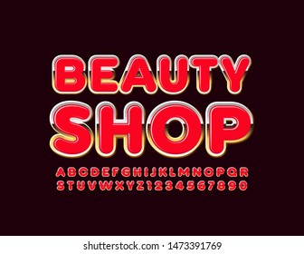 Emblema vectorial elegante Beauty Shop con alfabeto rojo y oro. Luminoso tipo de letra superior. Juego de letras y números de glamour