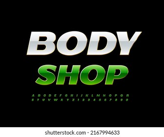 Vector chic emblem Body Shop. Green and Gold glossy Font. Luxury Alphabet Letters and Numbers set